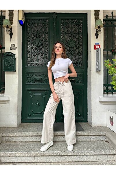 Moda Tuğram Ψηλόμεσο μπεζ λινό παντελόνι Palazzo