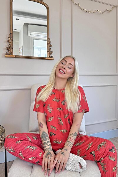 Pijamaevi Σετ γυναικεία πλεκτή πιτζάμα σε χρώμα τούβλο λεοπάρ - κοντομάνικο