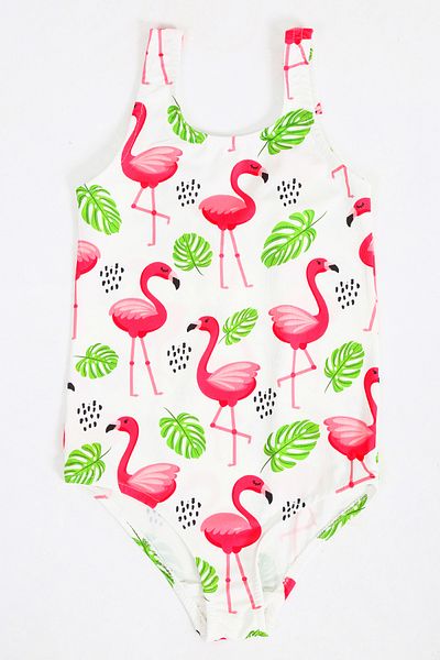 FırsatYeri Girls' Swimsuit White Pink Flamingo Pattern Printed Comfortable Quick Dry Swimsuit Sea Pool Beach Swimsuit