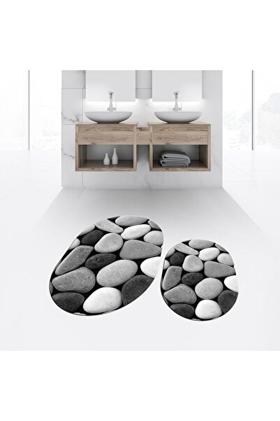 Hey Home Digital Printed Non-Slip Base Washable Oval Double Bathroom Mat Toil...