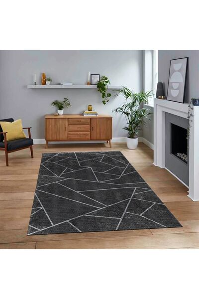 Dijital Baskılı Kaymaz Taban Yıkanabilir Modern Yolluk Mutfak Salon Halısı, V-MODERN-117-ANTRASİT,