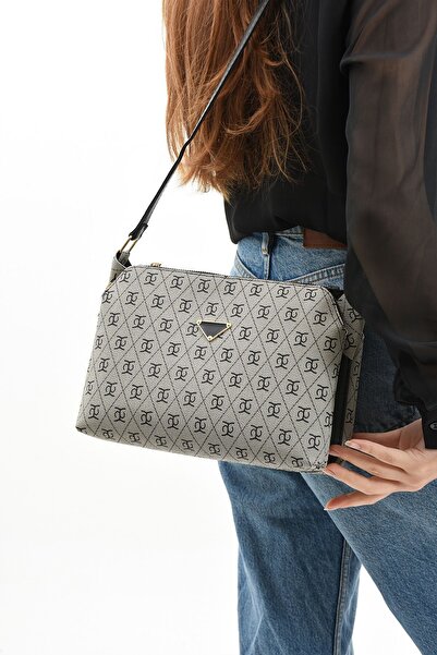 mugalas Βιζόν Μαύρο γαρνιρισμένο σχέδιο - Τσάντα ώμου τριών χωρισμάτων