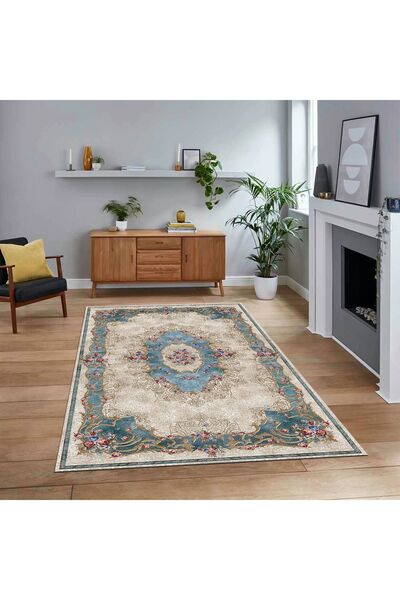 Hey Home Dijital Baskılı Kaymaz Taban Yıkanabilir Klasik Desen Yolluk Salon Halısı, V-KLASİK-29-MAVİ,