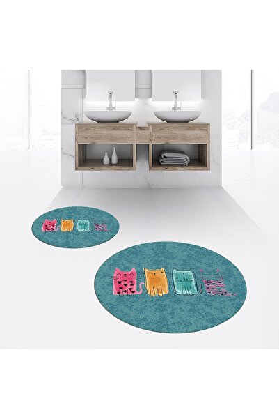 Hey Home Digital Printed Non-Slip Washable Round Double Bathroom Mat Toilet S...