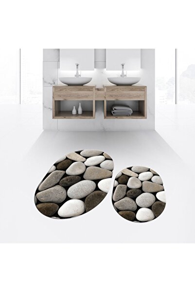 Hey Home Digital Printed Non-Slip Base Washable Oval Double Bathroom Mat Toil...