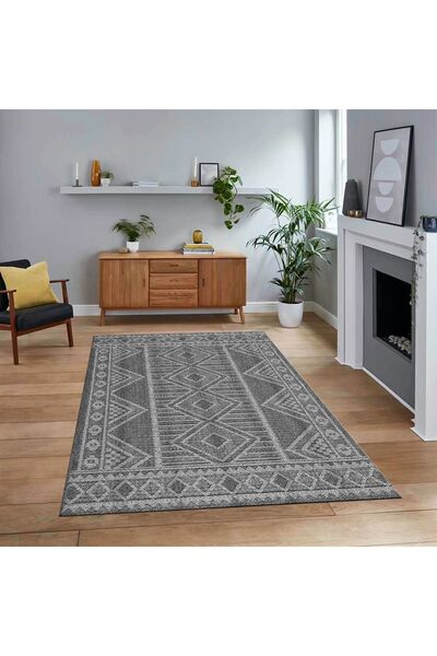 Dijital Baskılı Kaymaz Taban Yıkanabilir Modern Yolluk Mutfak Salon Halısı, V-MODERN-108-GRİ,