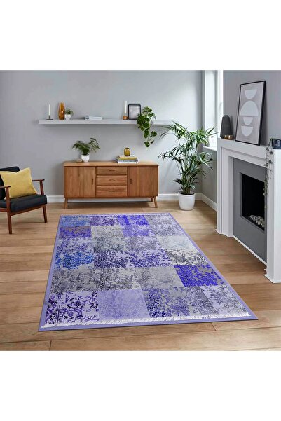 Hey Home Dijital Baskılı Kaymaz Taban Yıkanabilir Patchwork Yolluk Salon Halısı, V-PATCHWORK-17-MAVİ,
