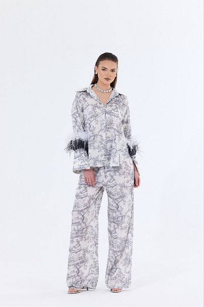 Bohai Design Feather Sleeves Special Design Otriş Shirt and Trousers Set