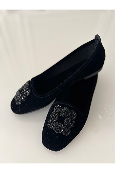 OOTD Kadın Kadife Tokalı Siyah Babet Düz Ayakkabı