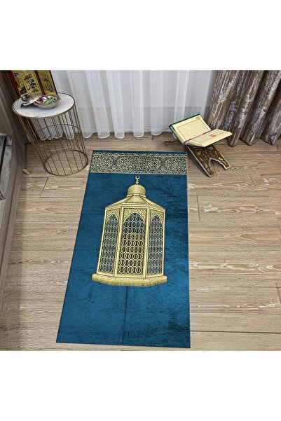 Hey Home سجادة صلاة مطبوعة رقمية قابلة للغسل، V-SECCADE-41-BLUE