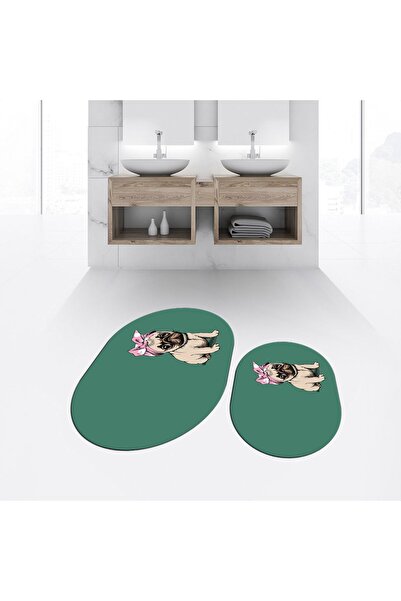 Hey Home Digital Printed Non-Slip Base Washable Oval Double Bathroom Mat Toil...