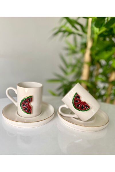 Sillage Home Gold Gilded Porcelain Coffee Cup Set for 2 People - Watermelon
