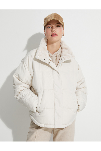 Koton Puffer Jacket límec s plyšovým detailem a kapsami