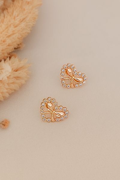 COSİTA Minimal Modern Heart Bow Figured Rose Zircon Stone Earrings