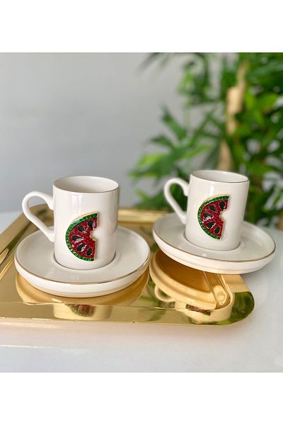 Sillage Home Gold Gilded Porcelain Coffee Cup Set for 2 People - Watermelon