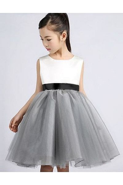 Mislina Girl's Top White Skirt Gray Tulle Black Belt Design Dress