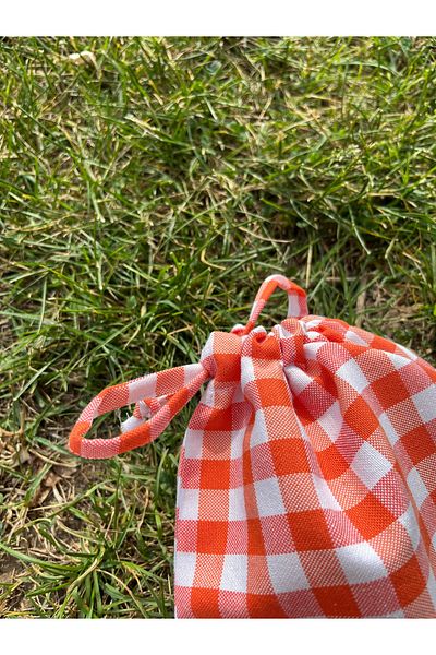 Sumicorn Design Orange Gingham Eco-Friendly Cloth Linen Drawstring Organizer Pouch, Gift Pouch, Makeup Bag