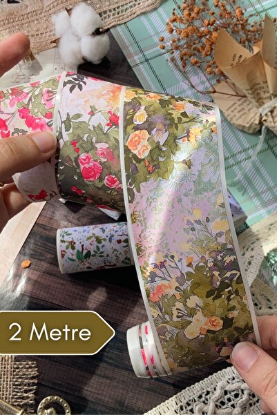 Hume Craft 2 Metre Vintage Pembe Ve Sarı Çiçek Desenli Washi Bant / Washitape / Bullet Journal / Scrapbook /