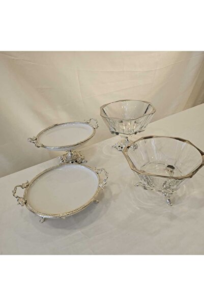 Genel Markalar 4 PARÇA AYAKLI GÜMÜŞ DETAYLI PORSELEN VE CAM SUNUM SETİ