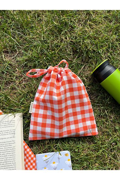 Sumicorn Design Orange Gingham Eco-Friendly Cloth Linen Drawstring Organizer Pouch, Gift Pouch, Makeup Bag