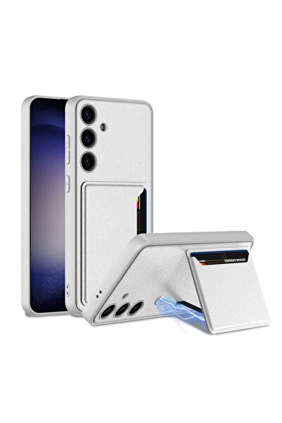halkhouse Galaxy S24 Plus Suni Deri Kartlıklı Kılıf Kıpta Silikon Tam Koruma Kapak