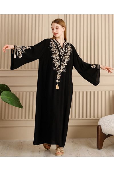 BeyzaBayram Plus Size Embroidered Black Mink Long Dress - Oversize Loose Viscose