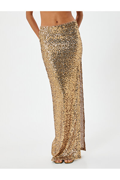 Koton Sibil Çetinkaya X Koton - Pullu Payetli Uzun Etek Yırtmaç Detaylı