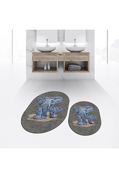 Hey Home Digital Printed Non-Slip Base Washable Oval Double Bathroom Mat Toil...