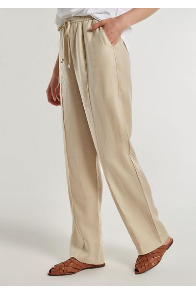 United Colors of Benetton Beige Women's Linen Trousers - 100% Linen, Waist String, Comfortable Fit