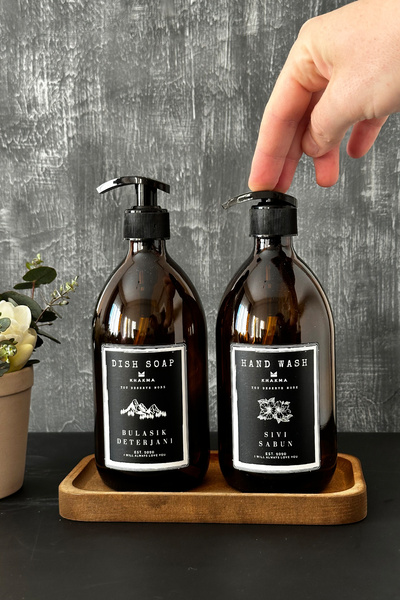 KHAKMA Ahşap Stantlı 2'li Sıvı Sabun Bulaşık Deterjanı Şişesi Queen Sıvı Sabunluk 500ml Ss Hd St
