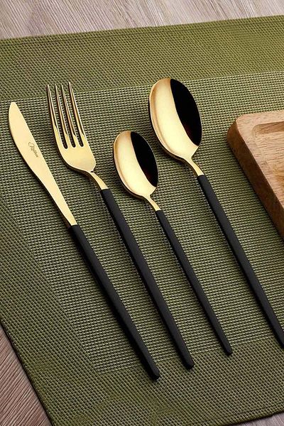 Amore Black Touch Titanium Shiny Gold 7 Piece Single Fork Spoon Knife Set