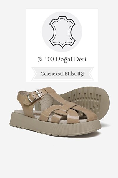 TUNAELLİ Beige Patent Leather - Genuine Natural Leather Short Heeled Flat Sandals