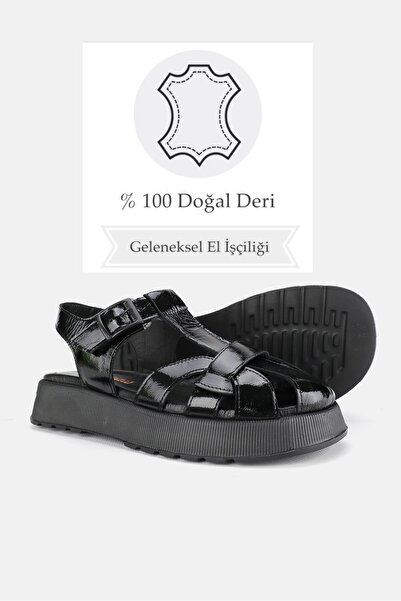 TUNAELLİ Black Patent Leather - Genuine Natural Leather Short Heeled Flat Sandals