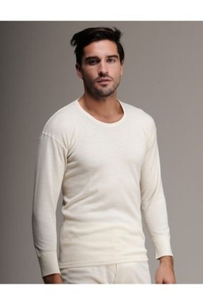 Hasyün Men's Long Sleeve Crew Neck Ecru Pure Wool Top