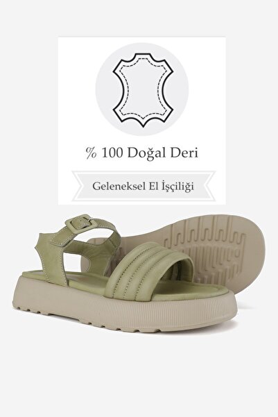 TUNAELLİ Green Genuine Natural Leather - Short Heeled Flat Sandals