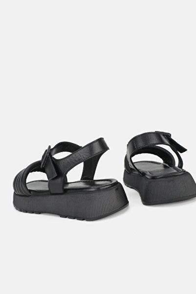 TUNAELLİ Black Genuine Natural Leather - Short Heeled Flat Sandals