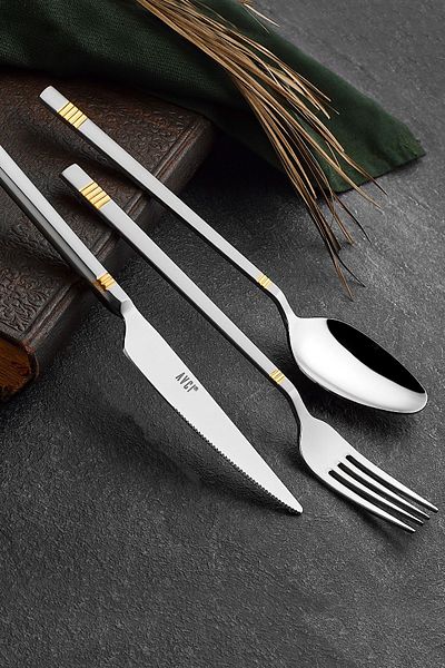 Avcı Duru Saten Gold 84 Piece Fork Spoon Knife Set 18/10 Stainless Steel