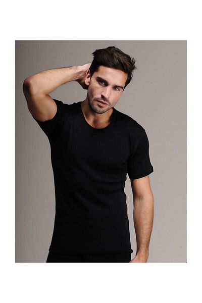 Hasyün Men's Black Short Sleeve 75% Wool Bora Underwear
