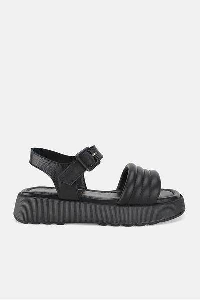 TUNAELLİ Black Genuine Natural Leather - Short Heeled Flat Sandals
