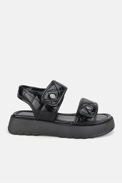 TUNAELLİ Piele Lacuita Neagra - Sandale Plate Cu Toc Scurt din Piele Naturala