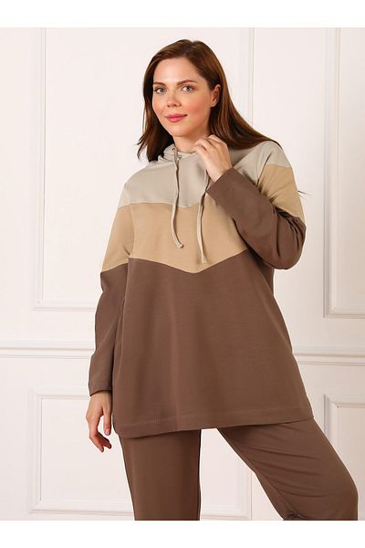 ALİA Large Size Stone Dark Mink Colorblock Hooded Tracksuit Set - Alia