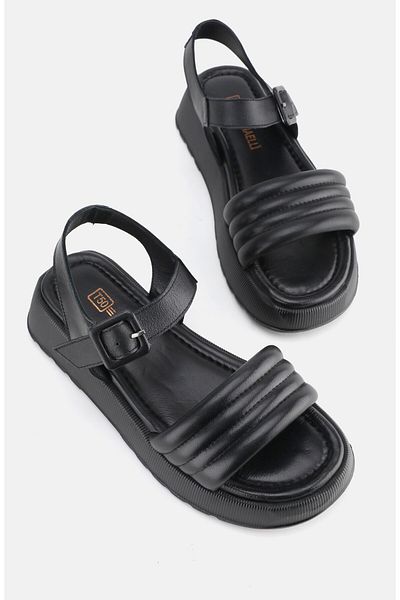 TUNAELLİ Black Genuine Natural Leather - Short Heeled Flat Sandals