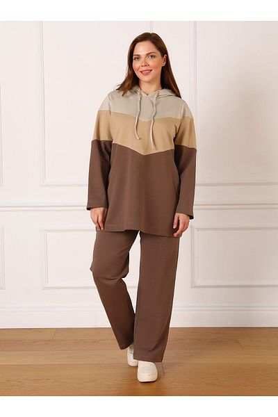 ALİA Large Size Stone Dark Mink Colorblock Hooded Tracksuit Set - Alia
