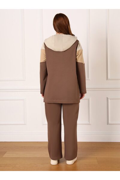 ALİA Large Size Stone Dark Mink Colorblock Hooded Tracksuit Set - Alia