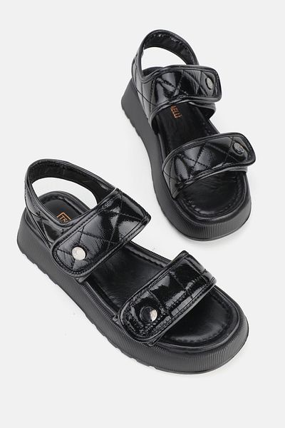 TUNAELLİ Piele Lacuita Neagra - Sandale Plate Cu Toc Scurt din Piele Naturala
