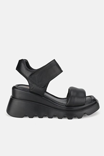 TUNAELLİ Black Genuine Natural Leather - Wedge Heeled Women's Sandals