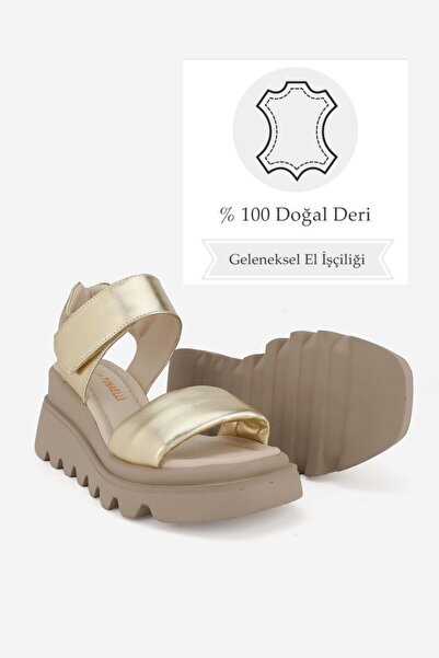 TUNAELLİ Gold Genuine Natural Leather Wedge Heeled Women's Sandals