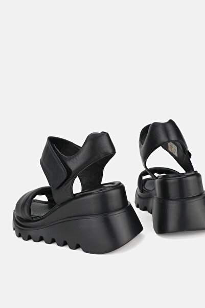 TUNAELLİ Black Genuine Natural Leather - Wedge Heeled Women's Sandals