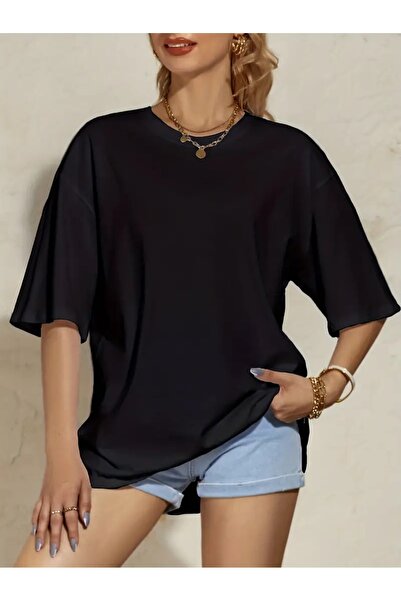 WOODROFFE Γυναικείο μπλουζάκι με λαιμόκοψη χωρίς στάμπα Oversize Plain Basic