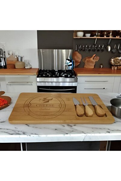 yeşil ahşap -Bamboo Cheese Presentation Board with 3 Blades